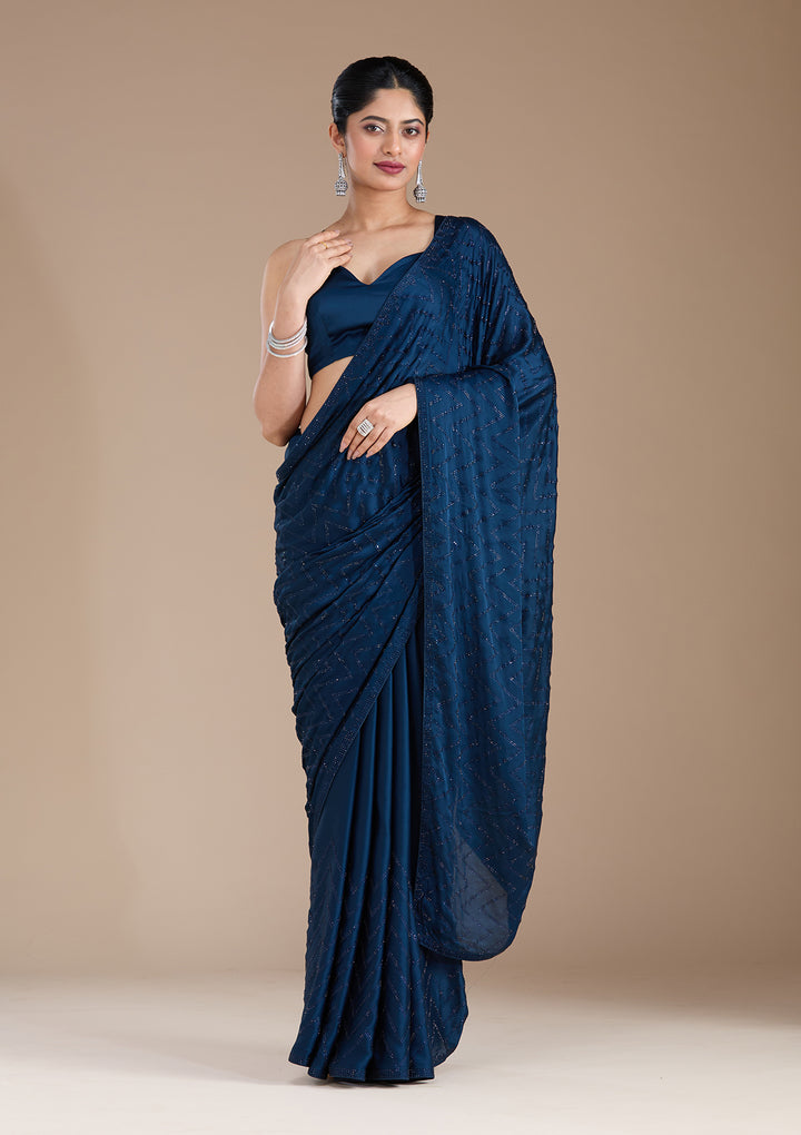 Navy Blue Stonework (Silver) Organza Saree