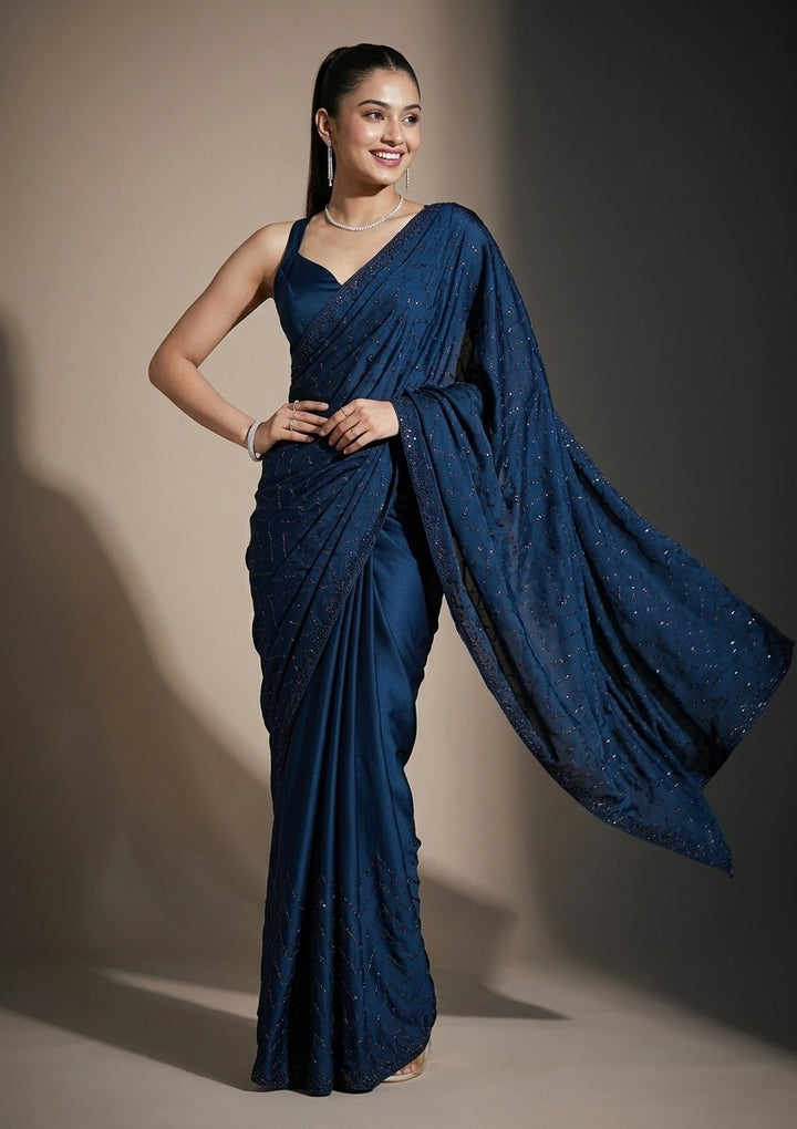 Navy Blue Organza Silver Stonework Saree With Matching Blouse Piece