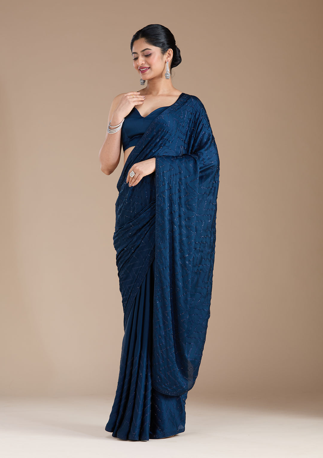Navy Blue Stonework (Silver) Organza Saree