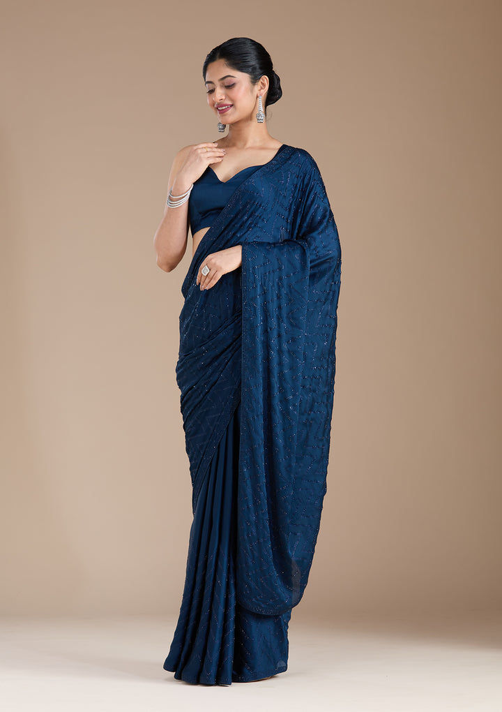 Navy Blue Stonework (Silver) Organza Saree