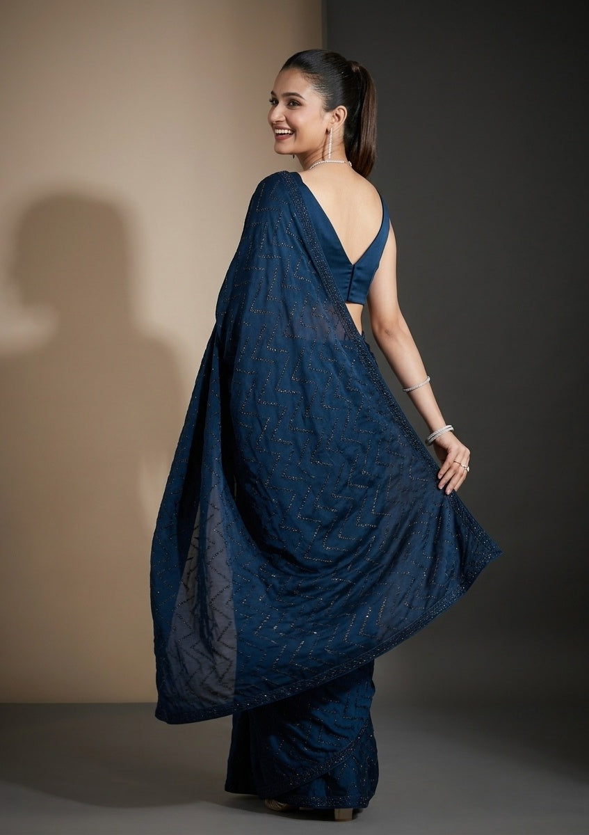 Navy Blue Organza Silver Stonework Saree With Matching Blouse Piece