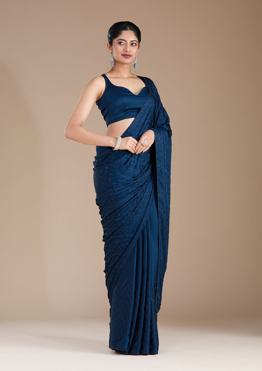 Navy Blue Stonework (Silver) Organza Saree