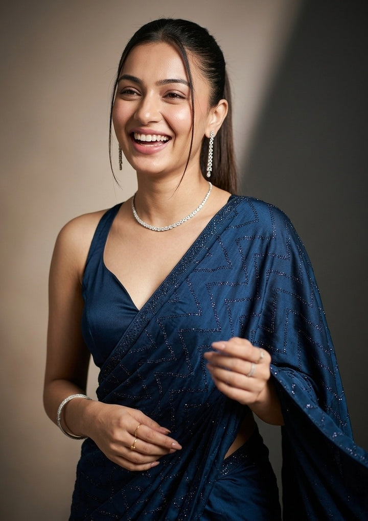 Navy Blue Organza Silver Stonework Saree With Matching Blouse Piece