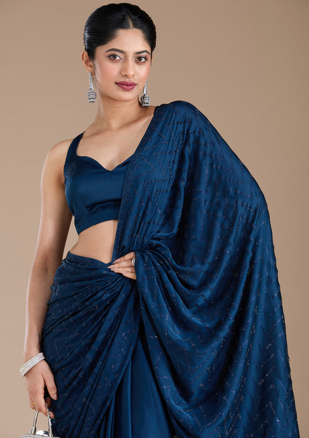 Navy Blue Stonework (Silver) Organza Saree
