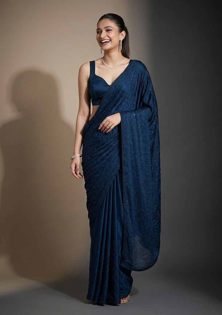 Navy Blue Organza Silver Stonework Saree With Matching Blouse Piece