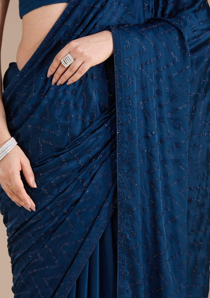 Navy Blue Stonework (Silver) Organza Saree
