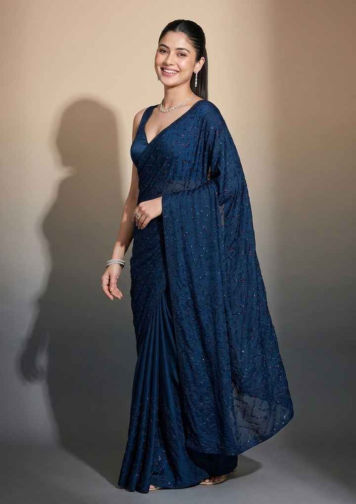 Navy Blue Organza Silver Stonework Saree With Matching Blouse Piece
