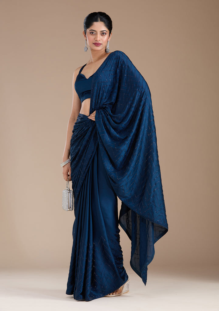 Navy Blue Stonework (Silver) Organza Saree