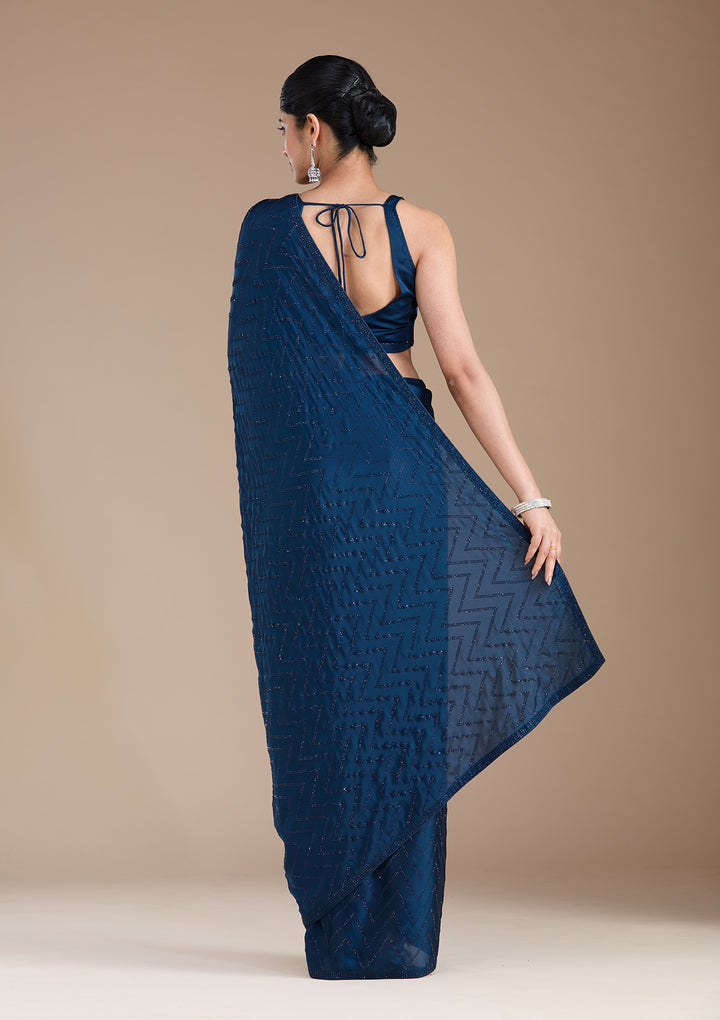 Navy Blue Stonework (Silver) Organza Saree