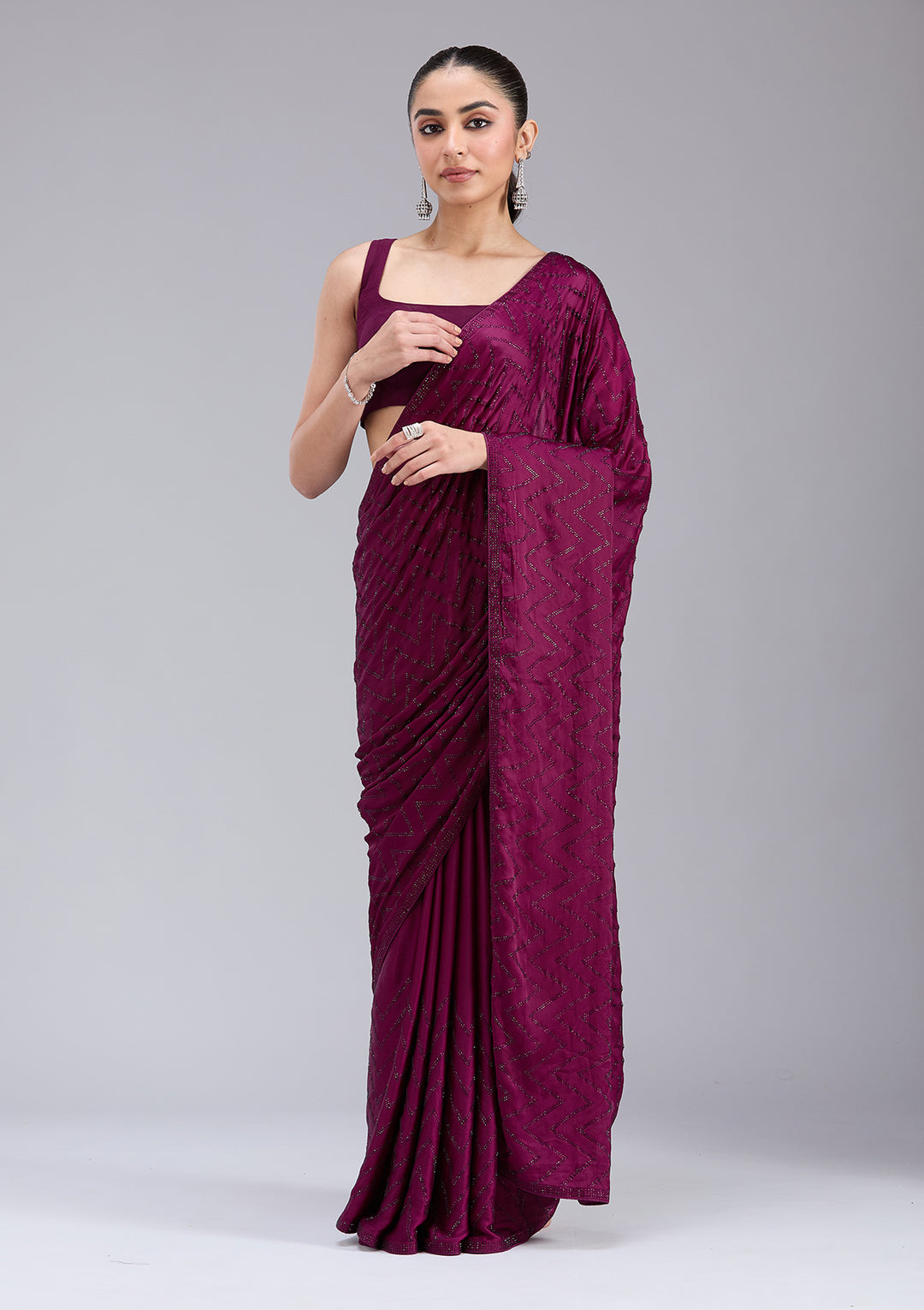 Wine Stonework (Silver) Organza Saree
