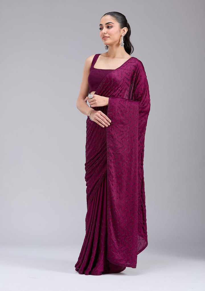 Wine Stonework (Silver) Organza Saree