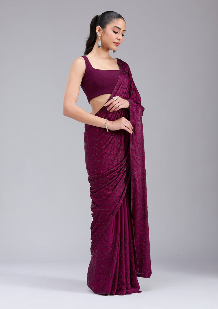 Wine Stonework (Silver) Organza Saree