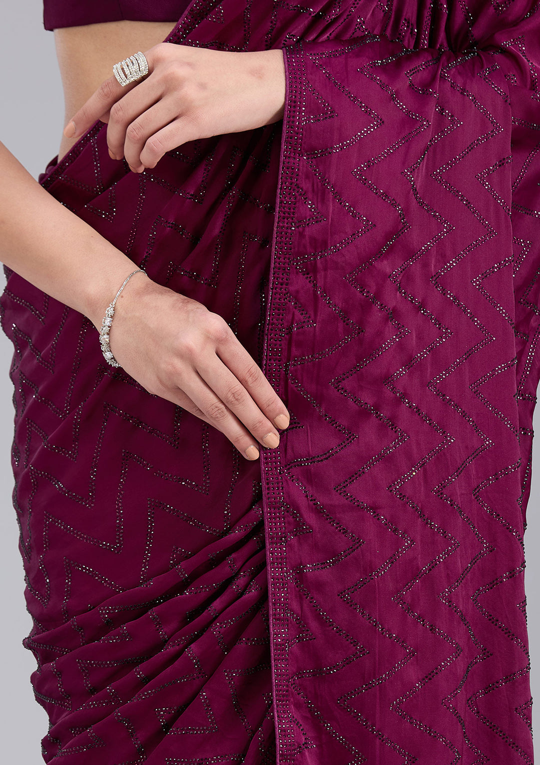 Wine Stonework (Silver) Organza Saree