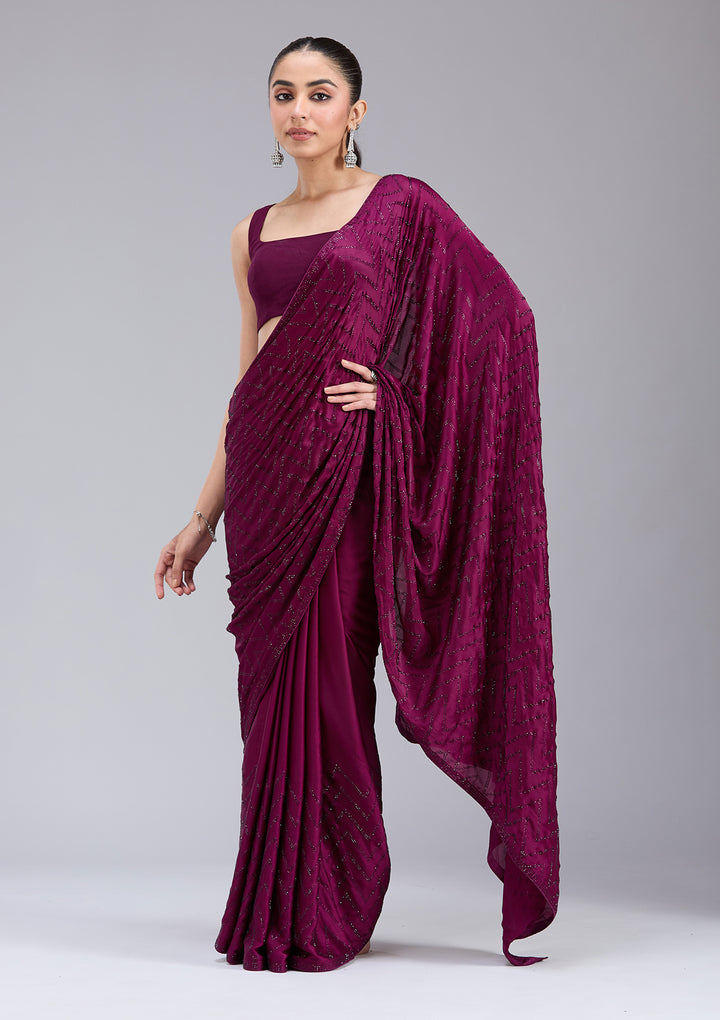 Wine Stonework (Silver) Organza Saree