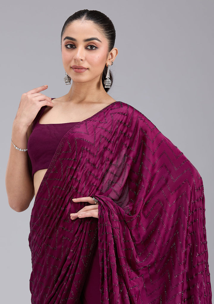 Wine Stonework (Silver) Organza Saree