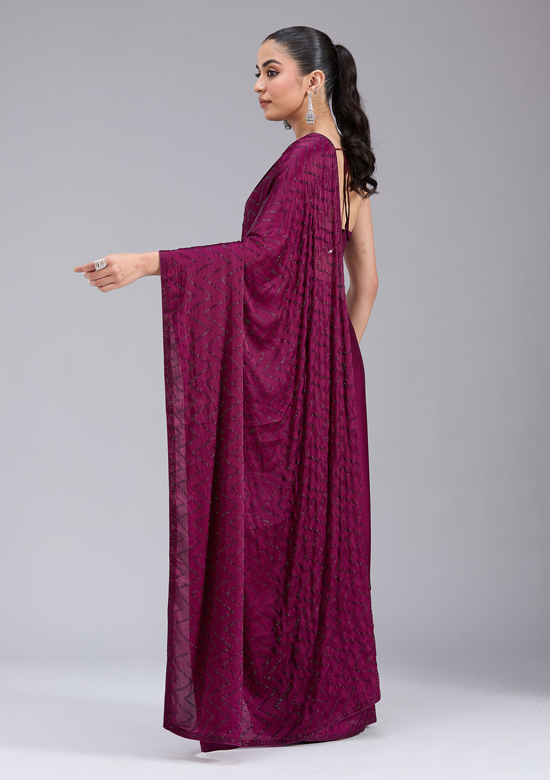 Wine Stonework (Silver) Organza Saree