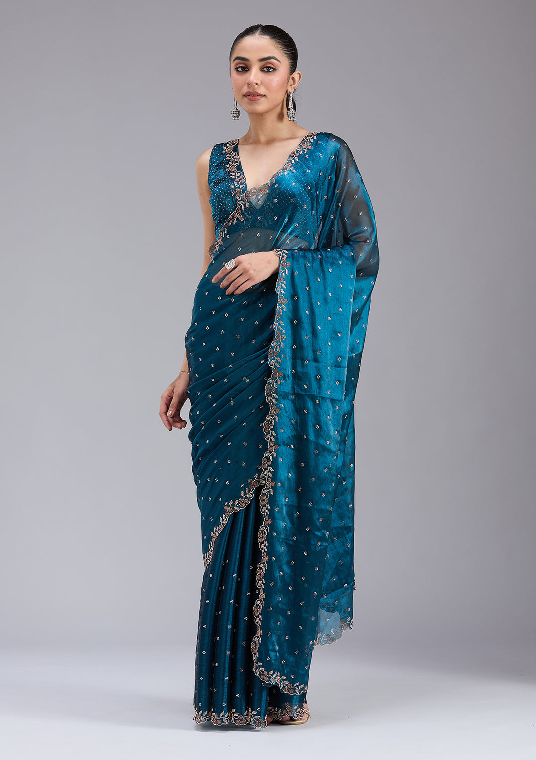 Peacock Blue Tissue Gold Stonework Saree With Matching Blouse Piece