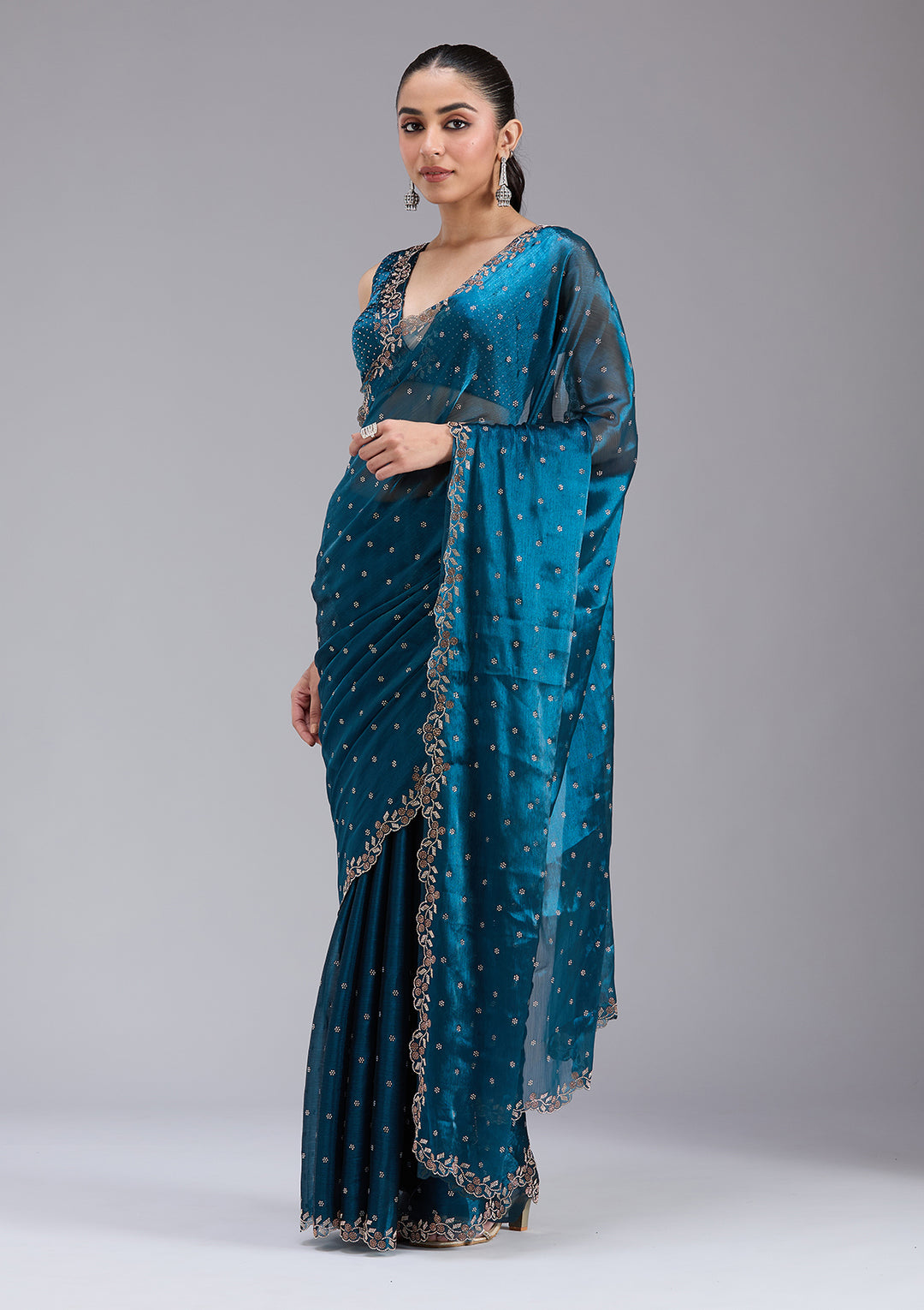 Peacock Blue Tissue Gold Stonework Saree With Matching Blouse Piece