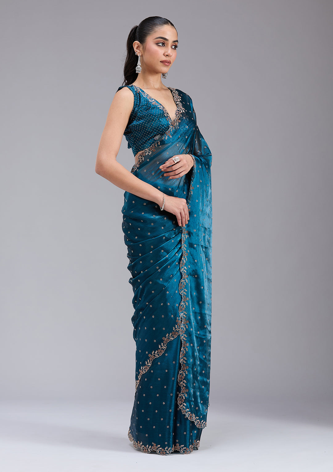 Peacock Blue Tissue Gold Stonework Saree With Matching Blouse Piece