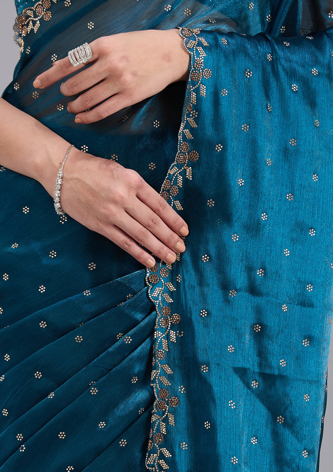 Peacock Blue Tissue Gold Stonework Saree With Matching Blouse Piece