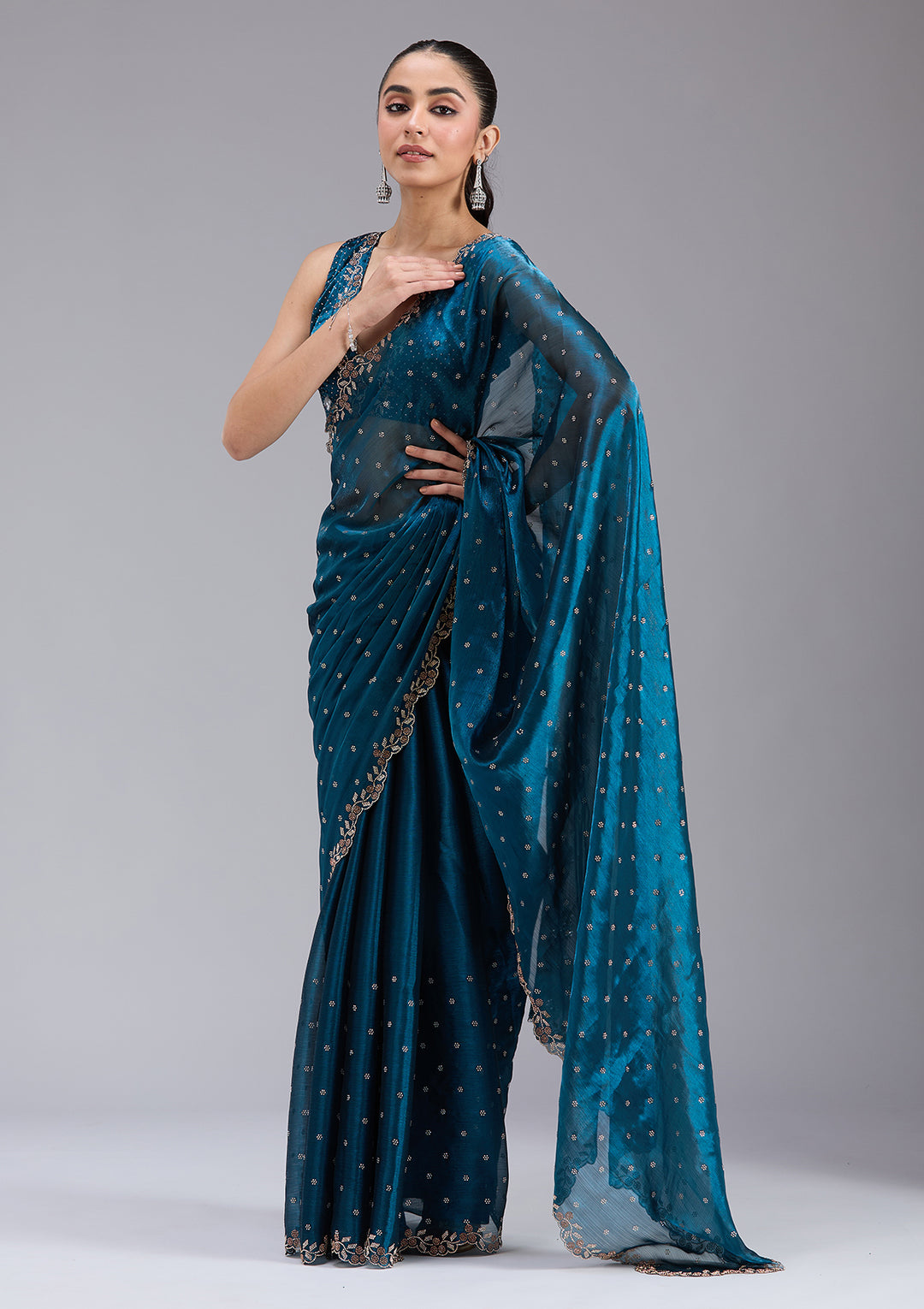 Peacock Blue Tissue Gold Stonework Saree With Matching Blouse Piece