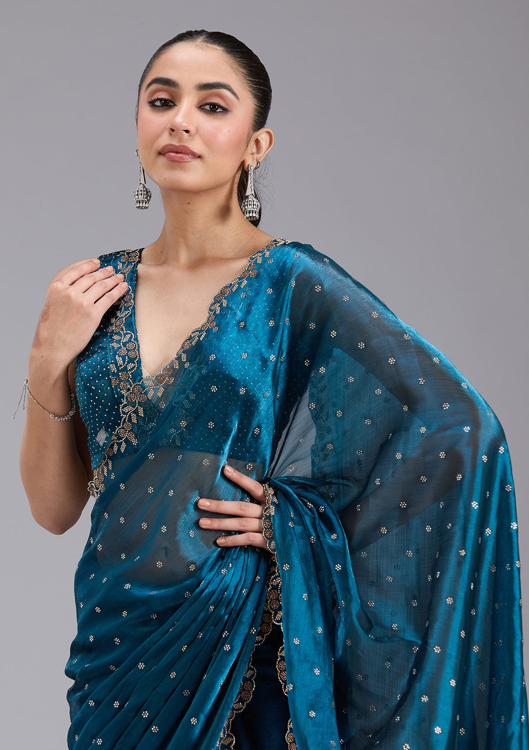 Peacock Blue Tissue Gold Stonework Saree With Matching Blouse Piece