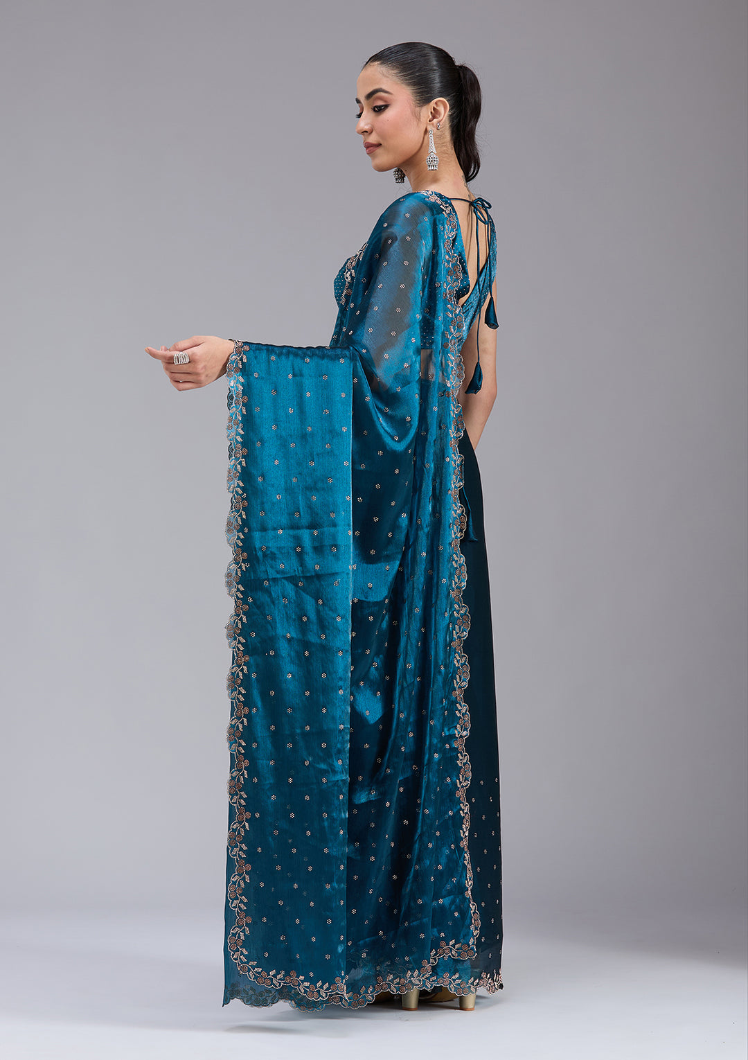Peacock Blue Tissue Gold Stonework Saree With Matching Blouse Piece