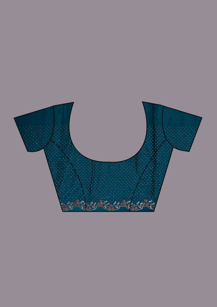 Peacock Blue Tissue Gold Stonework Saree With Matching Blouse Piece