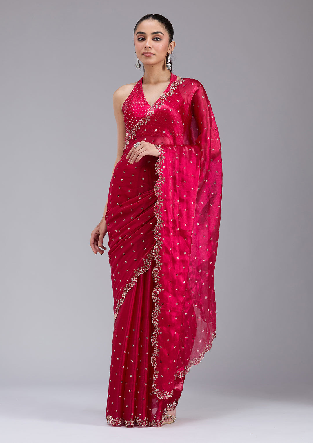 Rani Pink Tissue Gold Stonework Saree With Matching Blouse Piece
