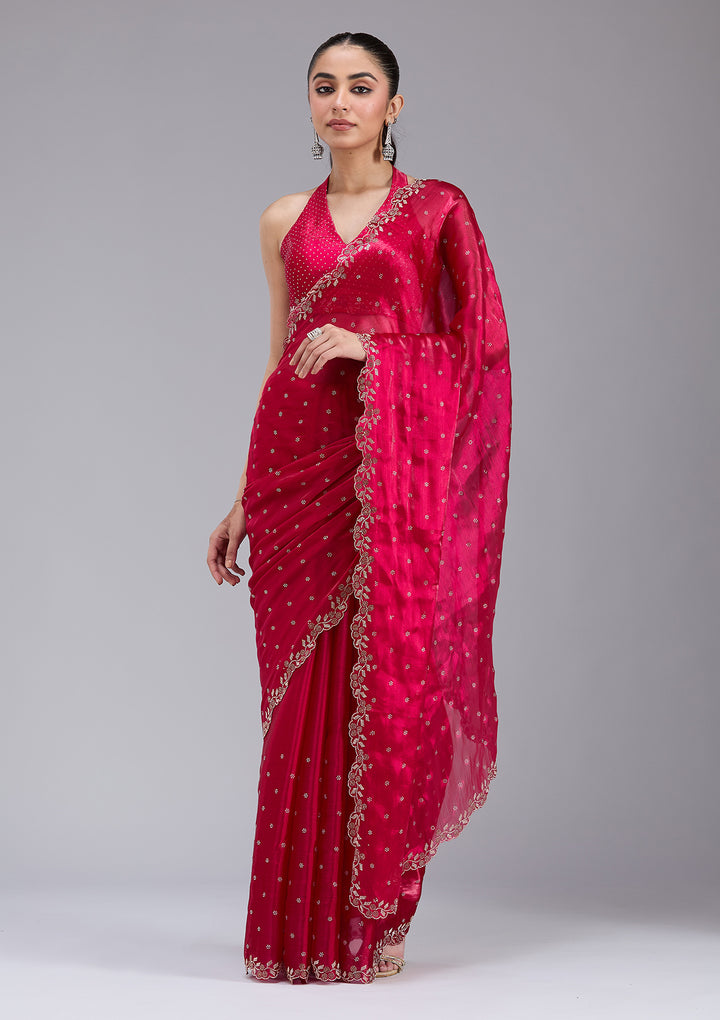 Rani Pink Tissue Gold Stonework Saree With Matching Blouse Piece