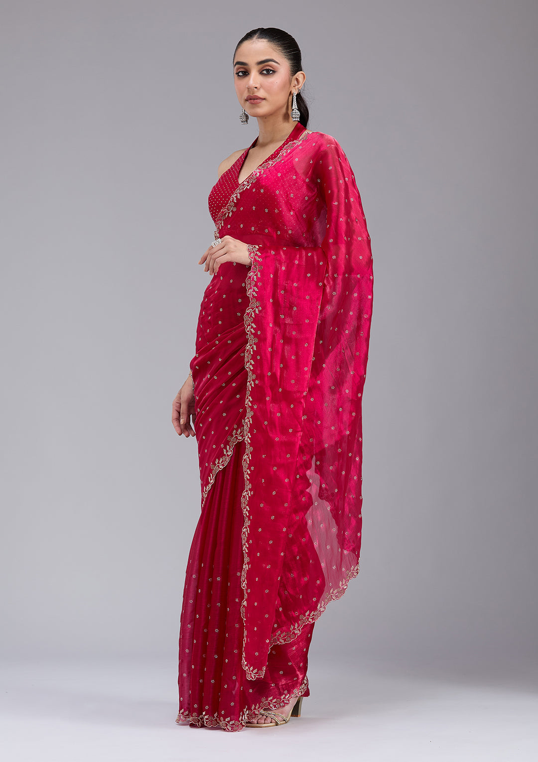 Rani Pink Tissue Gold Stonework Saree With Matching Blouse Piece