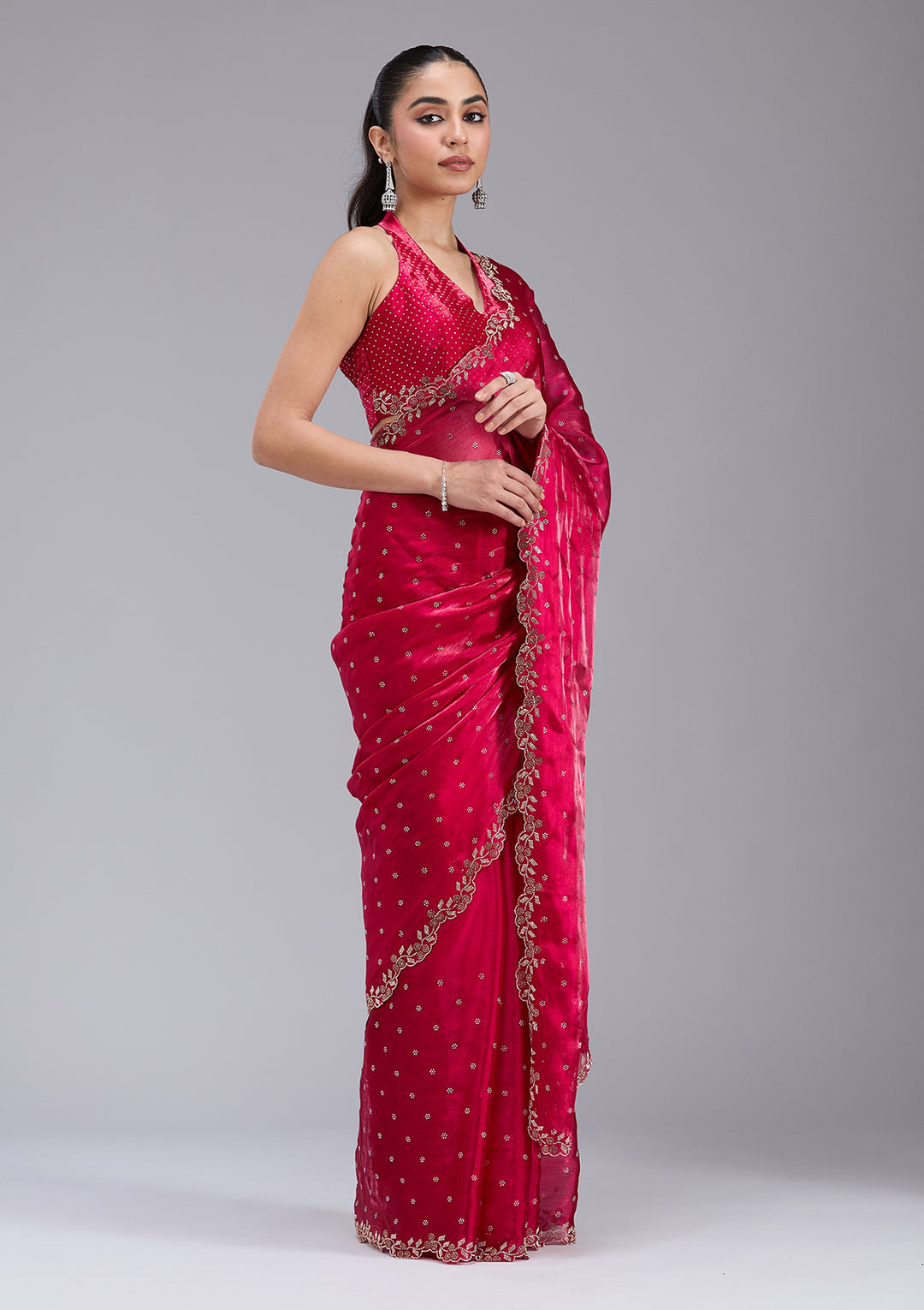 Rani Pink Tissue Gold Stonework Saree With Matching Blouse Piece