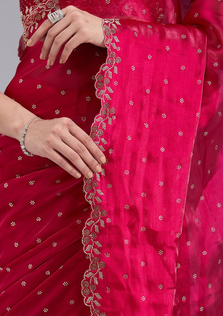 Rani Pink Tissue Gold Stonework Saree With Matching Blouse Piece