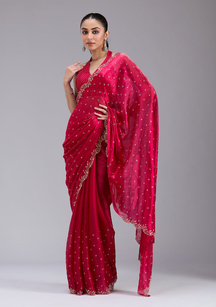 Rani Pink Tissue Gold Stonework Saree With Matching Blouse Piece