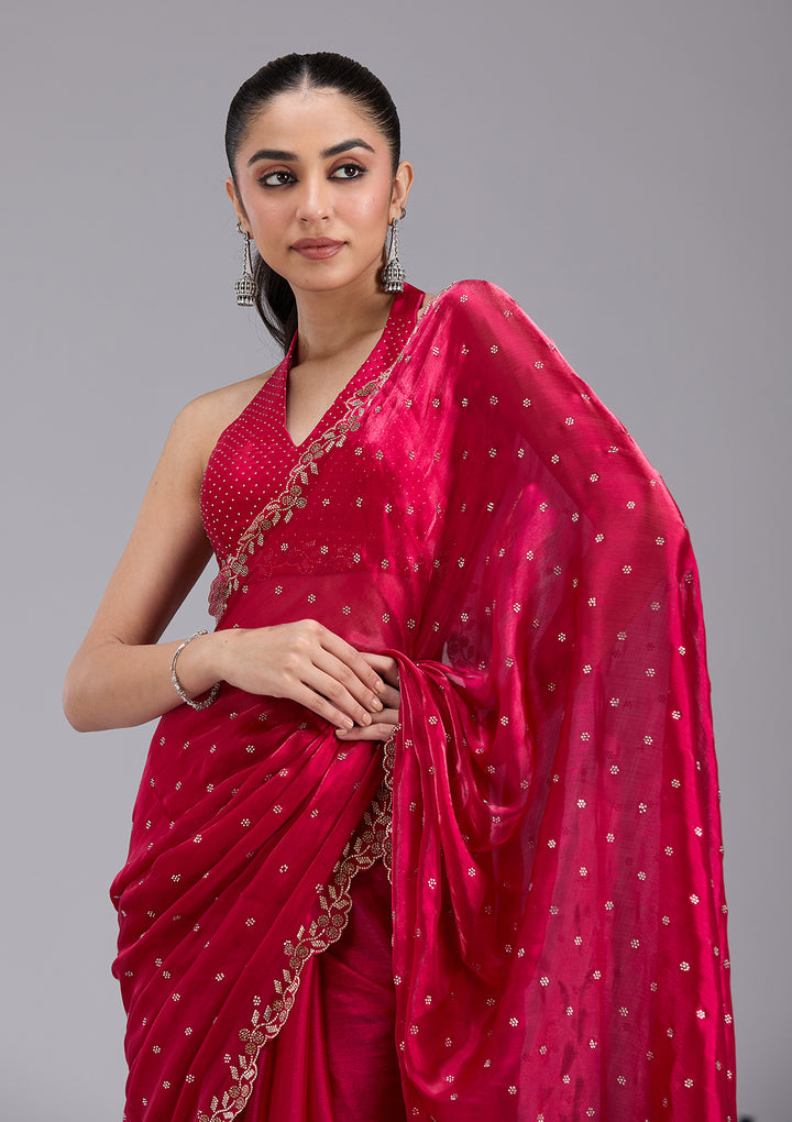 Rani Pink Tissue Gold Stonework Saree With Matching Blouse Piece