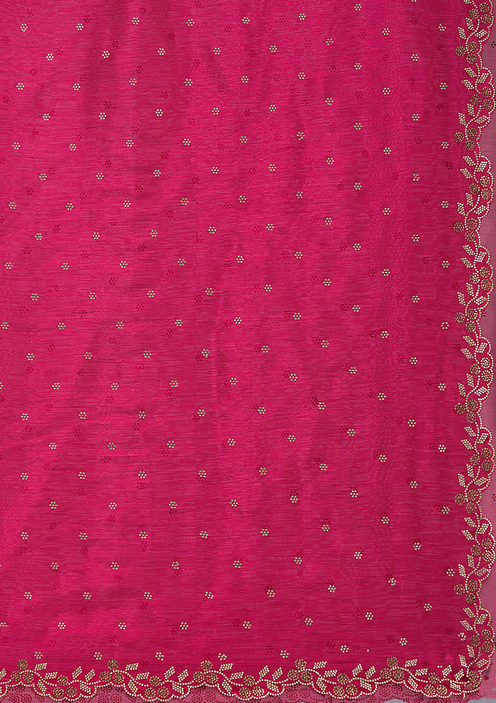Rani Pink Tissue Gold Stonework Saree With Matching Blouse Piece