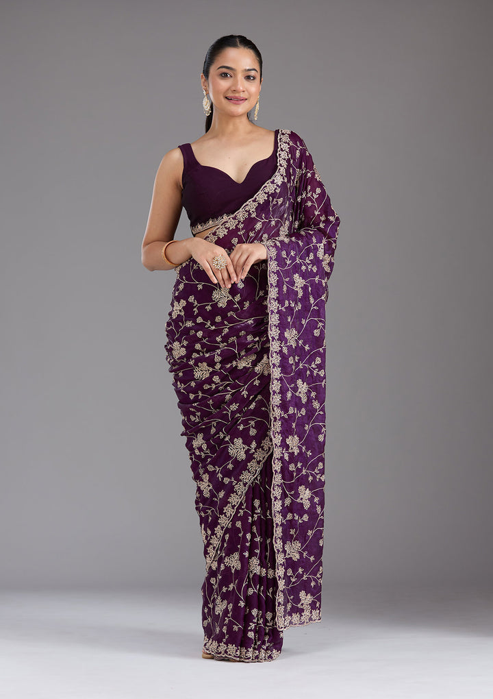 Purple Tissue Threadwork Saree With Matching Blouse Piece