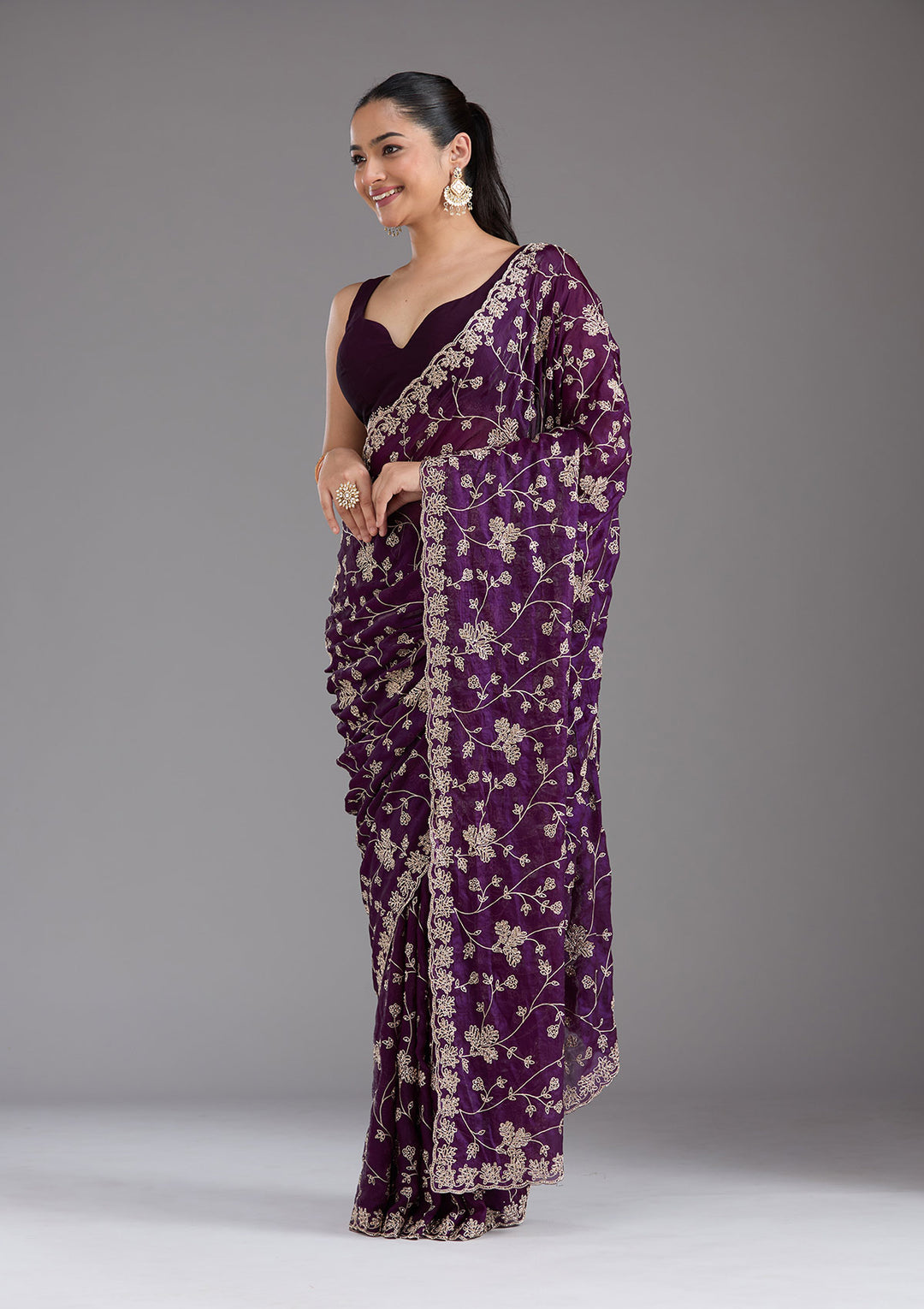 Purple Tissue Threadwork Saree With Matching Blouse Piece