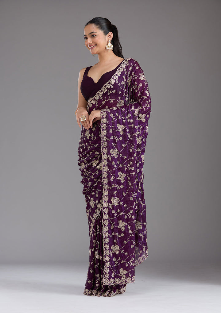 Purple Tissue Threadwork Saree With Matching Blouse Piece