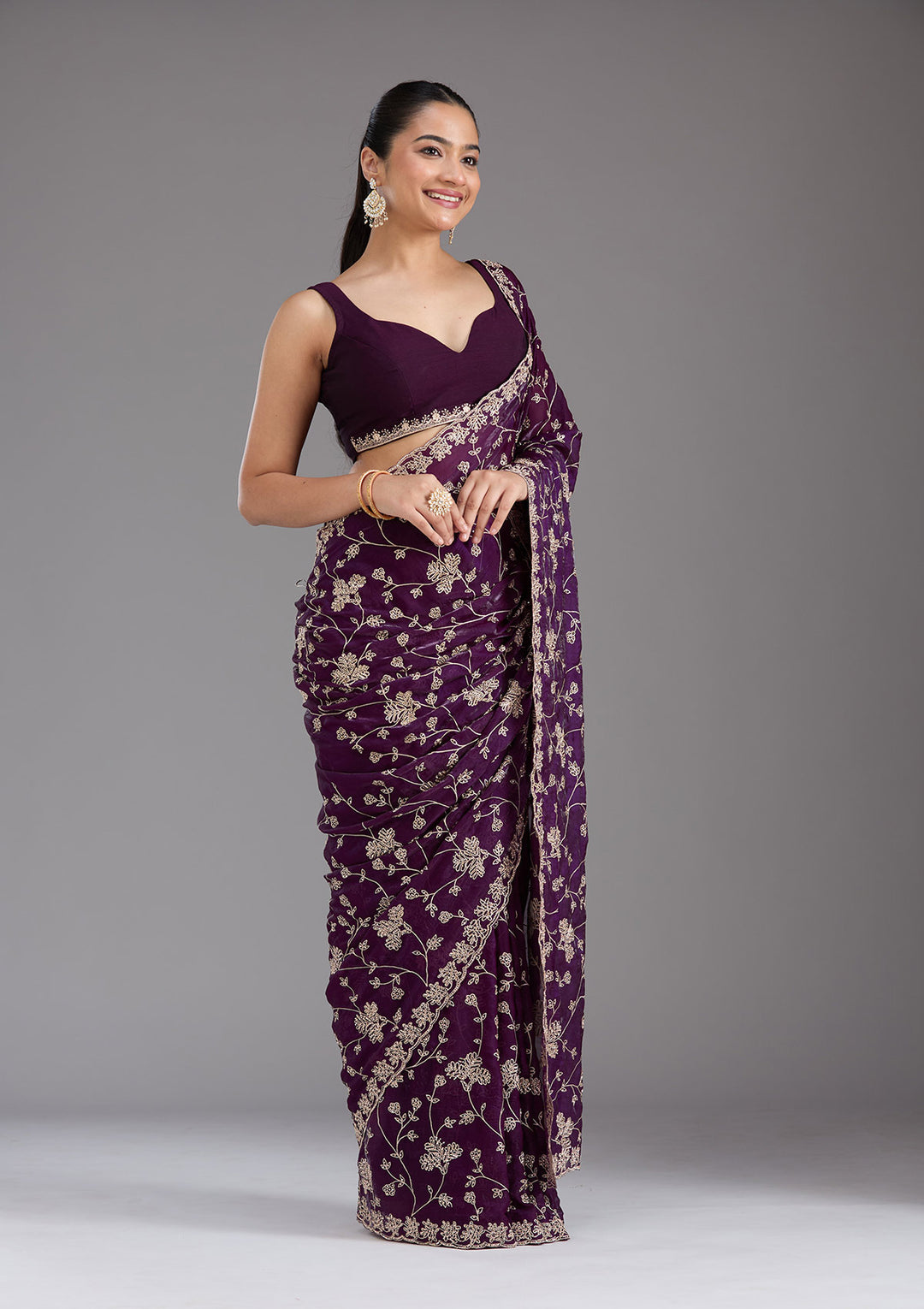 Purple Tissue Threadwork Saree With Matching Blouse Piece