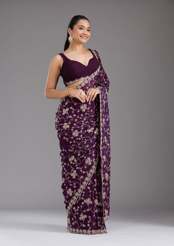 Purple Tissue Threadwork Saree With Matching Blouse Piece