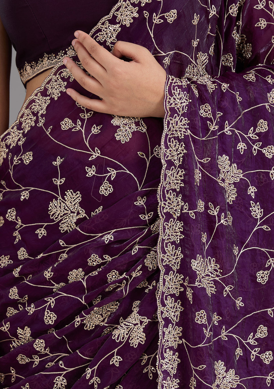 Purple Tissue Threadwork Saree With Matching Blouse Piece