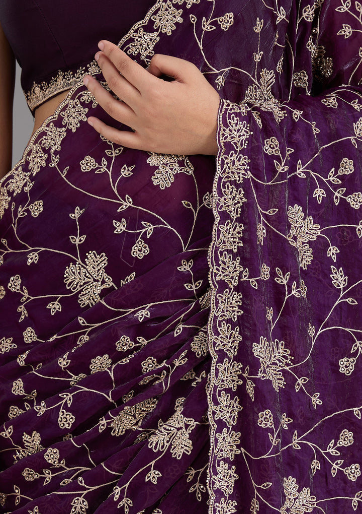 Purple Tissue Threadwork Saree With Matching Blouse Piece