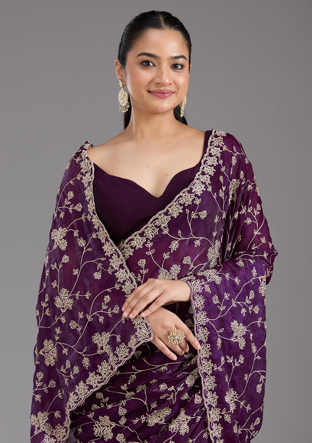 Purple Tissue Threadwork Saree With Matching Blouse Piece