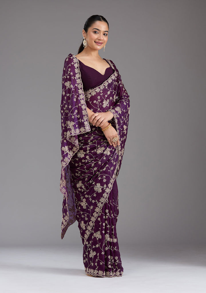 Purple Tissue Threadwork Saree With Matching Blouse Piece