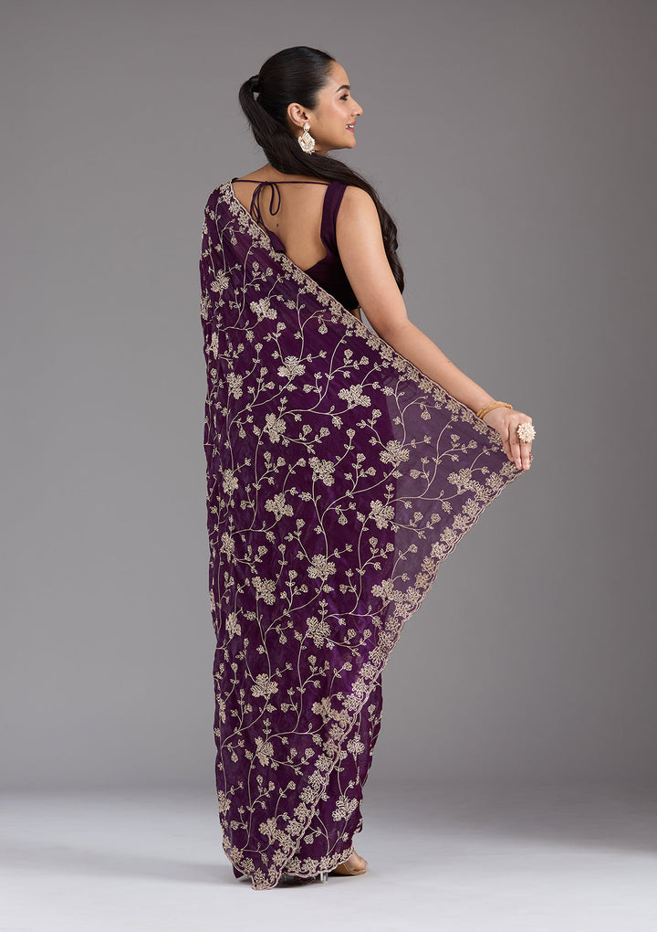 Purple Tissue Threadwork Saree With Matching Blouse Piece