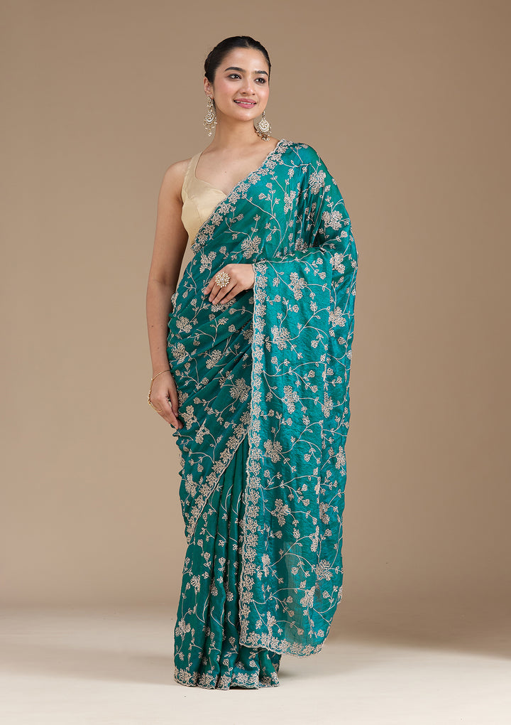 Rama Green Tissue Threadwork Saree With Matching Blouse Piece