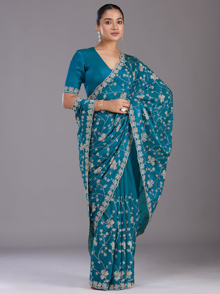 Rama Green Tissue Threadwork Saree With Matching Blouse Piece