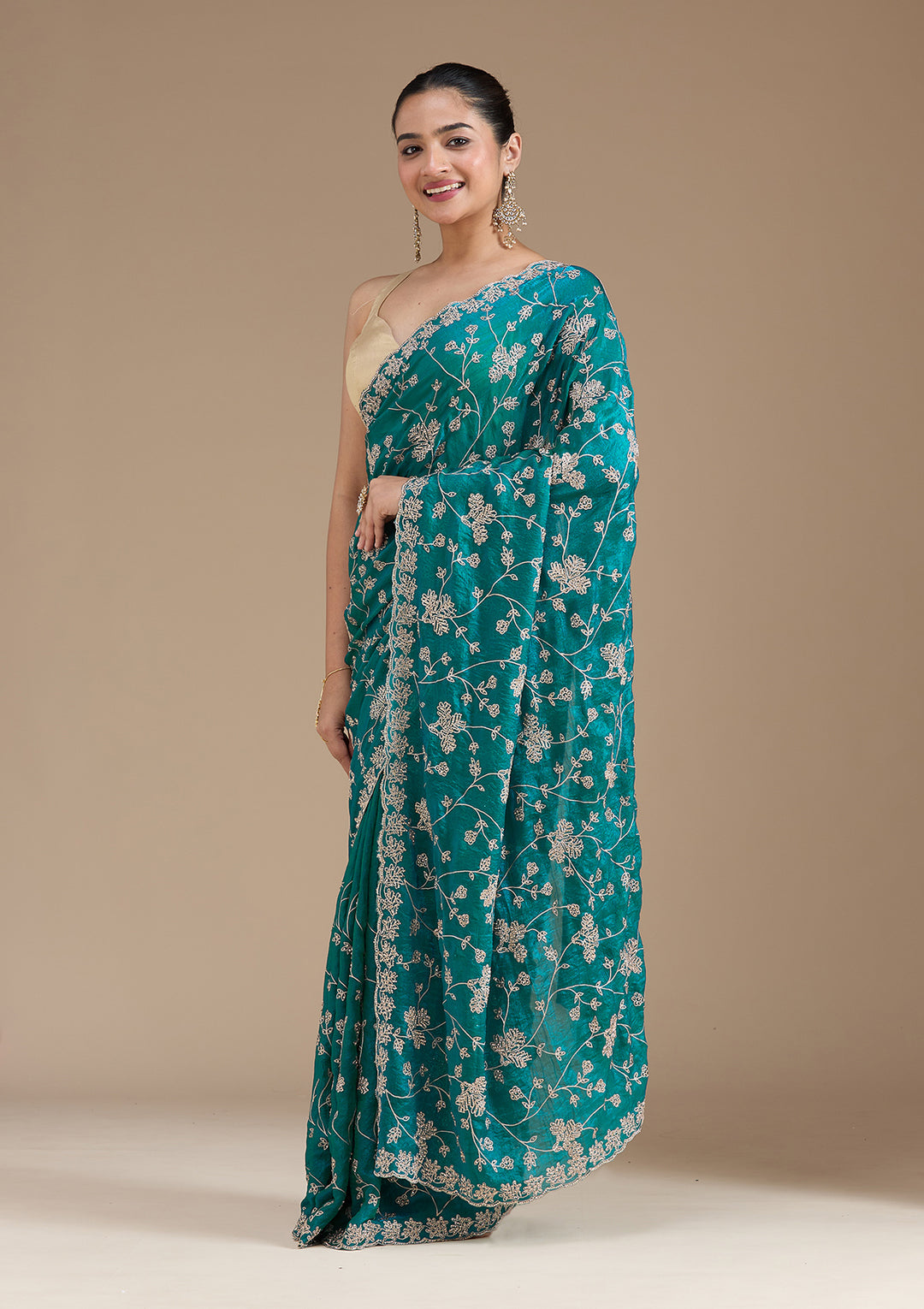 Rama Green Tissue Threadwork Saree With Matching Blouse Piece