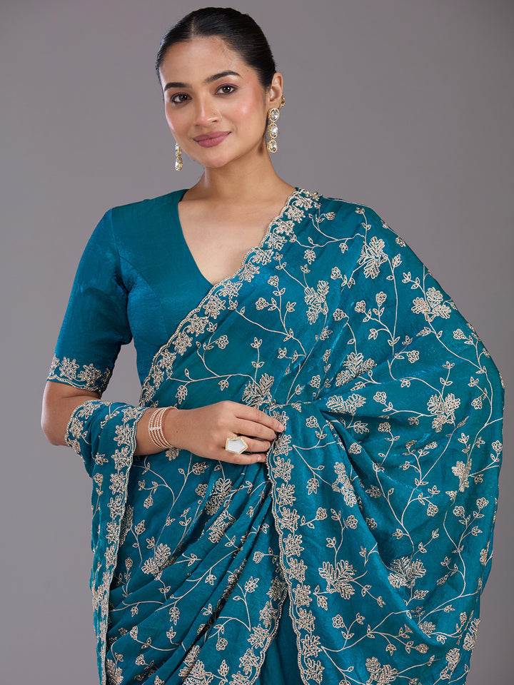 Rama Green Tissue Threadwork Saree With Matching Blouse Piece